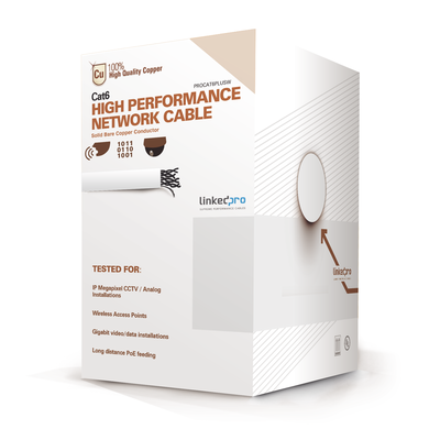 [PRO-CAT-6-PLUSW] Bobina de cable de 305 metros de cable Cat6 de alto desempeño, super flexible, UL, Cobre, color blanco, para aplicaciones de video vigilancia y redes de datos