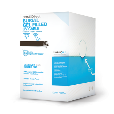 [PRO-CAT-5E-GELX] Bobina de cable de 305 m, Cat5E, con gel, para intemperie, doble forro extrema humedad, bajo tierra, UL, color negro para aplicaciones en video vigilancia, y redes de alta velocidad.