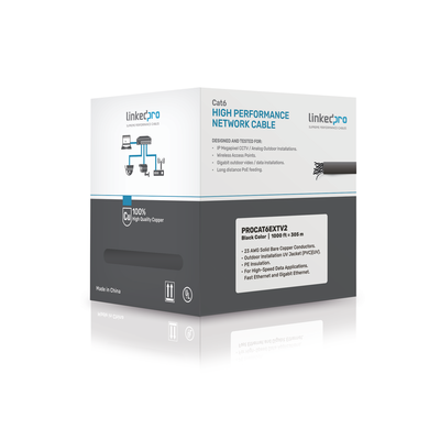 [PRO-CAT-6-EXT-V2] Bobina de cable de 305 Metros Cat6+ CALIBRE 23 Exterior Blindado tipo FTP para CLIMAS EXTREMOS, UL, color Negro Función Easy-Pull"